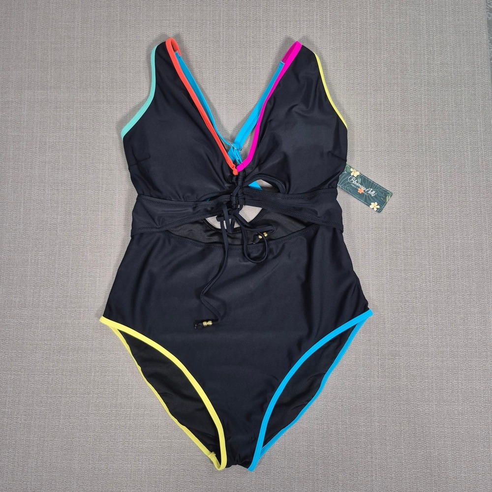 Blooming Jelly Women Black Neon Trim Cutout Lace Up One Piece Swimsuit XL NWT